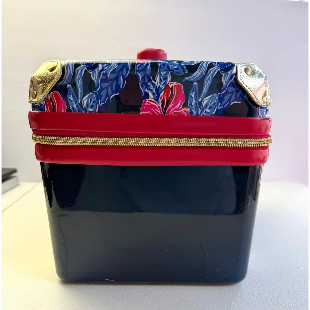 Lilly Pulitzer Hard Shell Train Case Navy Pink Floral Vanity Travel Makeup Bag